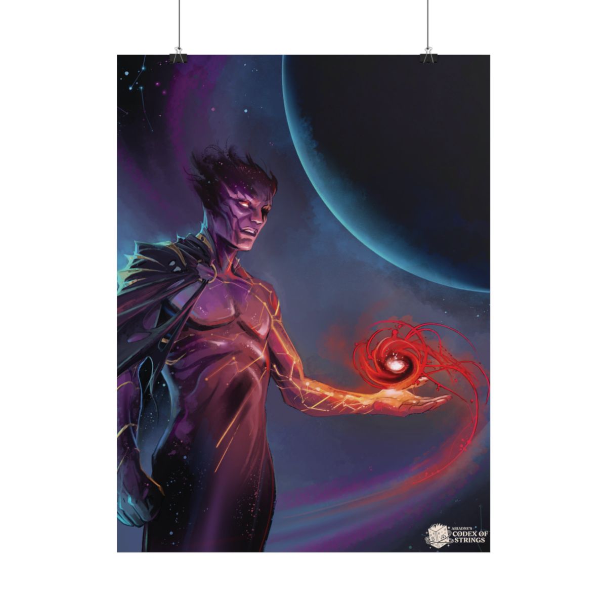 A vertical art print featuring a stylized illustration of a purple-skinned character with glowing red energy swirling around their hand, set against a dark cosmic background with a large blue planet. The print is shown hanging from two black clips against a plain white wall.