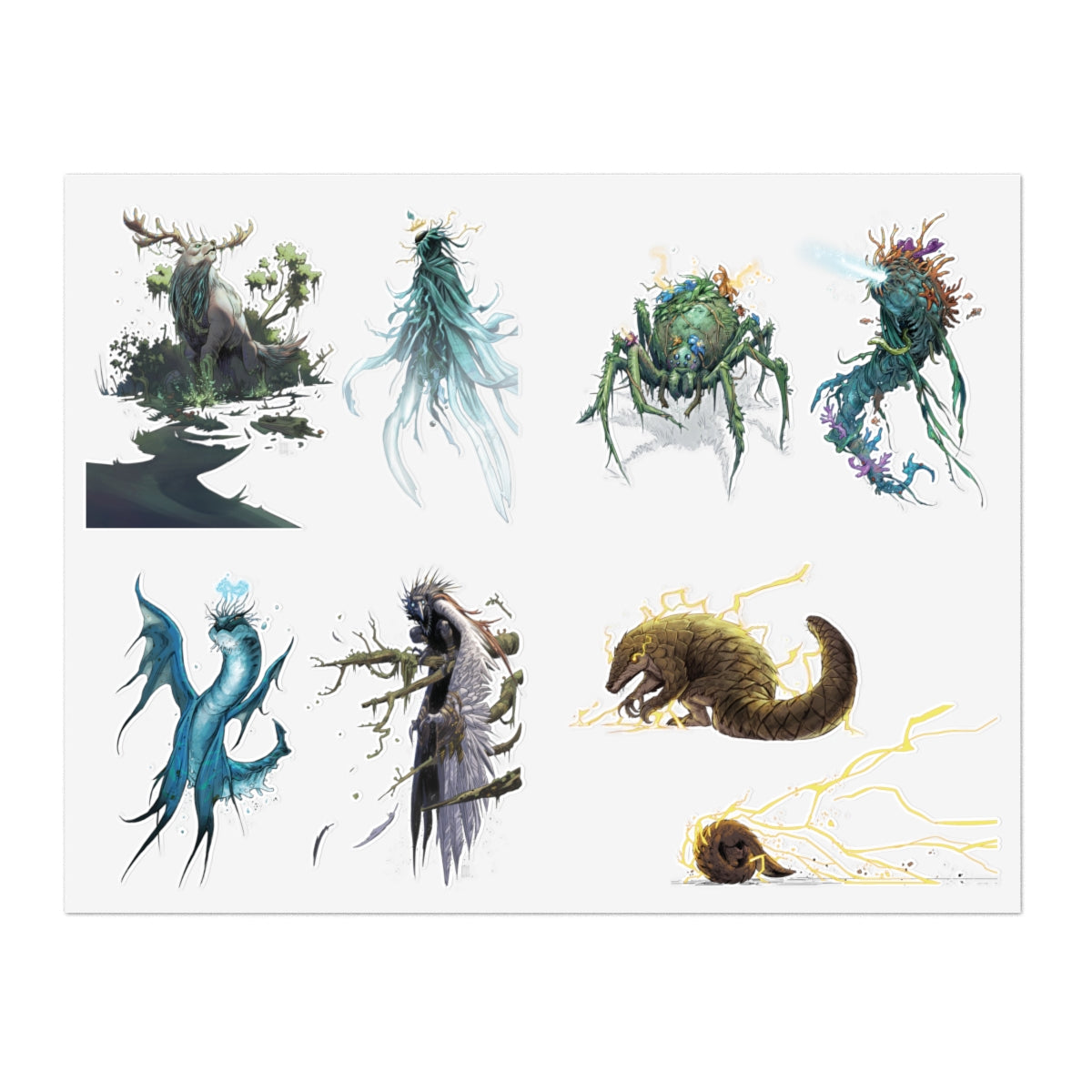 A sheet of fantasy creature illustrations on a white background, featuring six distinct watercolor-style monsters in blue, green, brown, and gray tones.