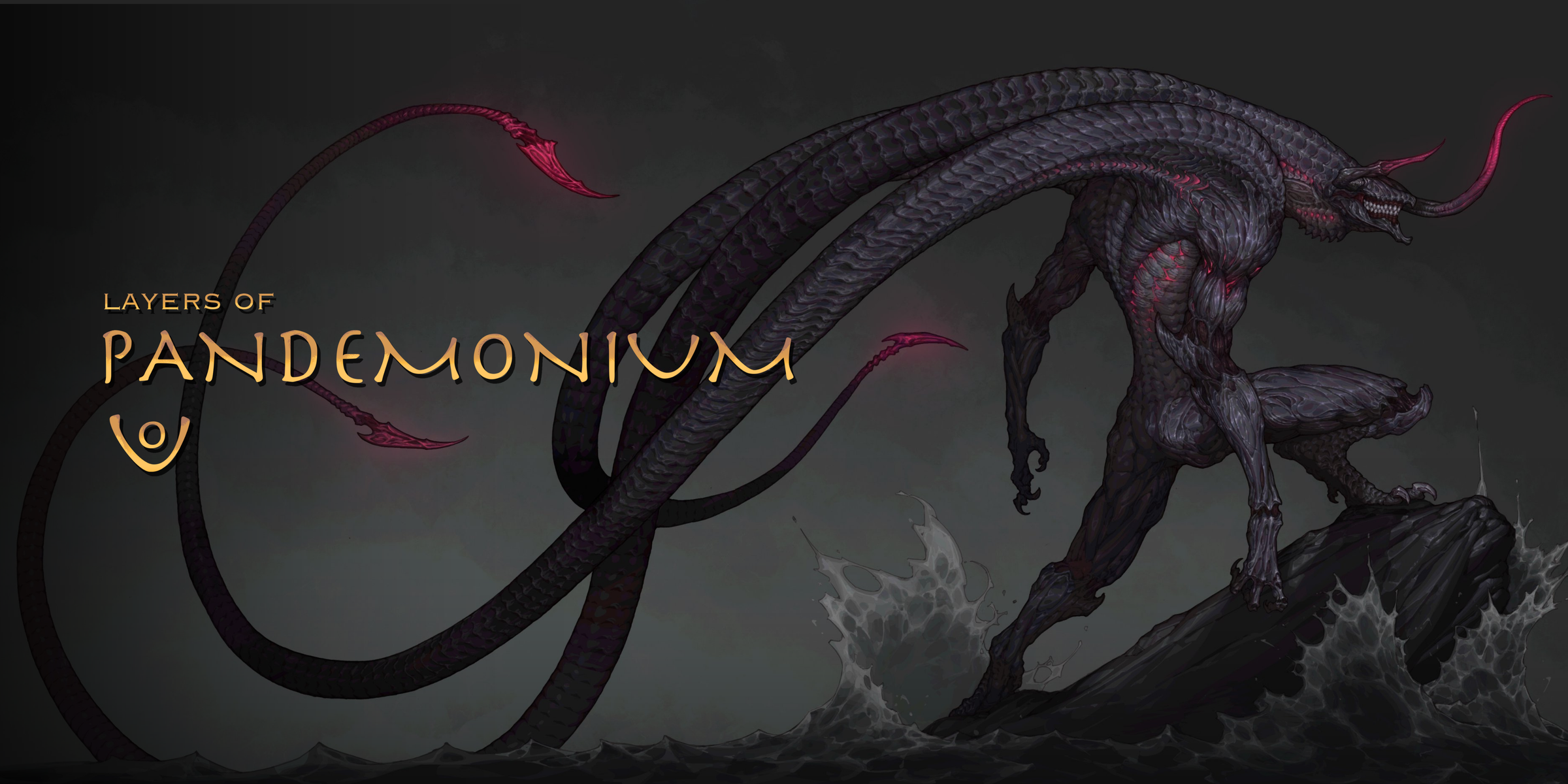 Digital artwork featuring a dark, muscular serpent-like monster with long red serpentine tails and horns, standing on rocky ground against a smoky gray background. The text 'LAYERS OF PANDEMONIUM' appears on the left in glowing gold lettering.