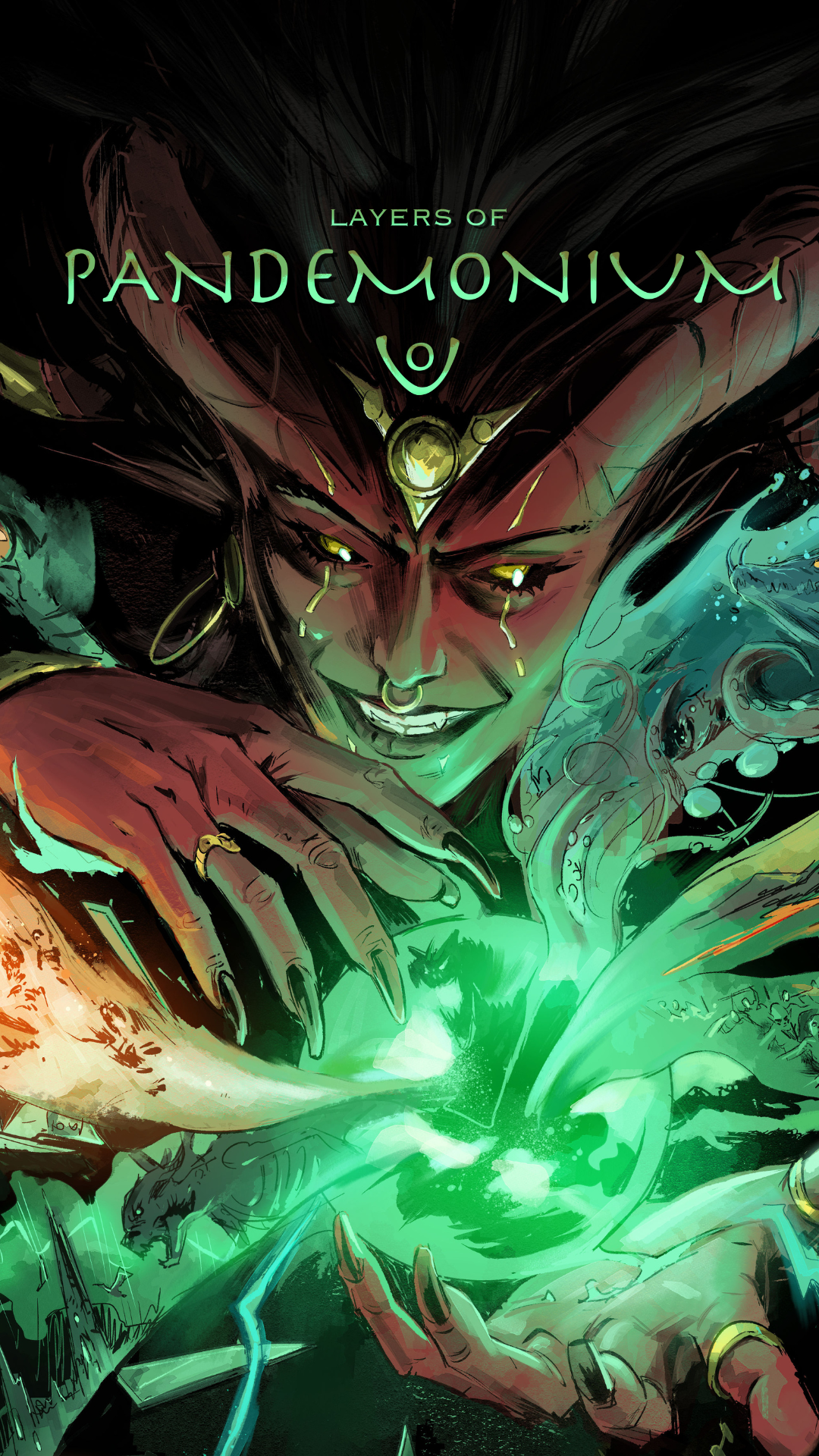 Comic book cover art for 'Layers of Pandemonium' featuring a dark, dramatic illustration of a character with glowing green eyes and hands, surrounded by swirling green energy and mystical symbols.