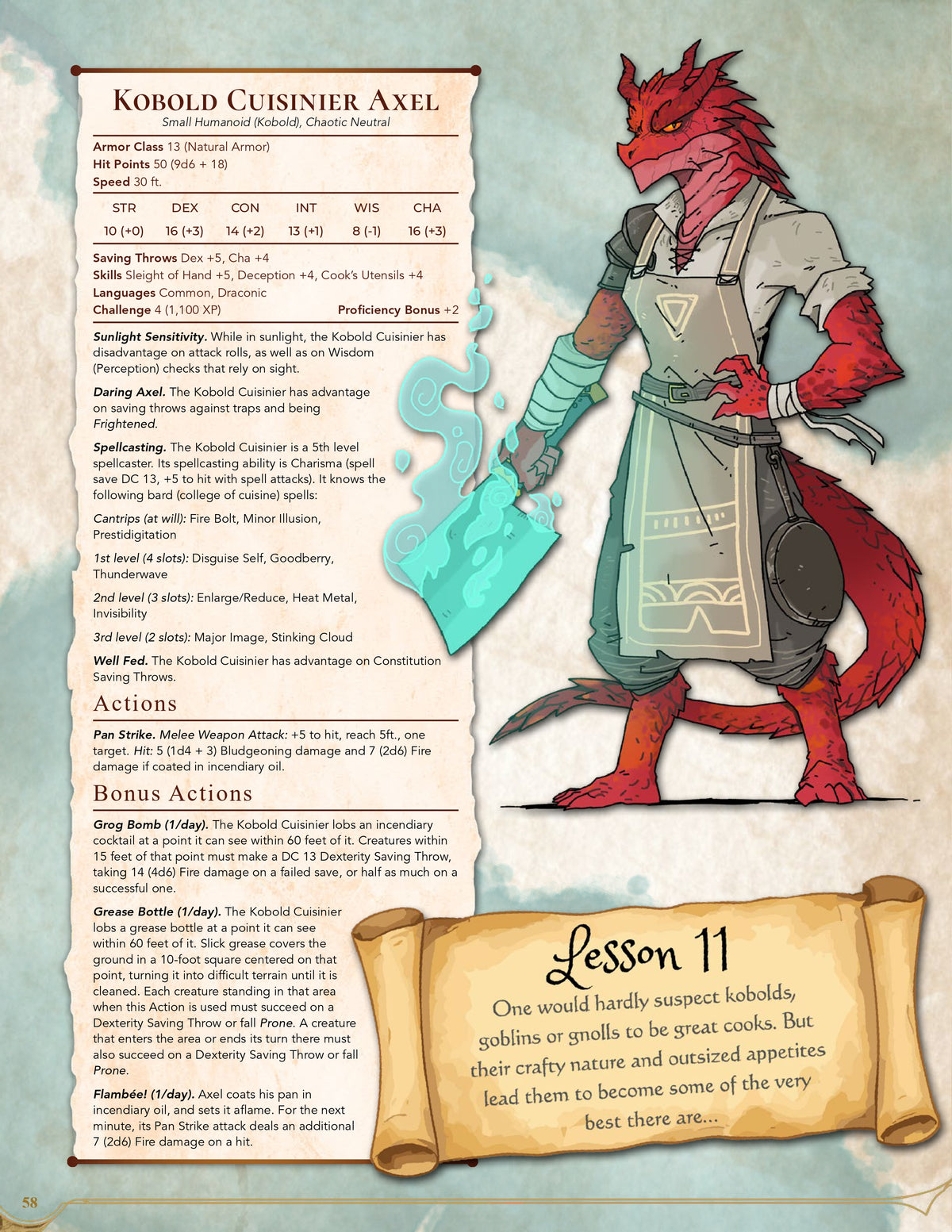 A Dungeons and Dragons stat sheet for Kobold Cuisinier Axel, showing a red-skinned kobold chef illustration alongside text blocks detailing its abilities, stats, and flavor text on a parchment-style background.