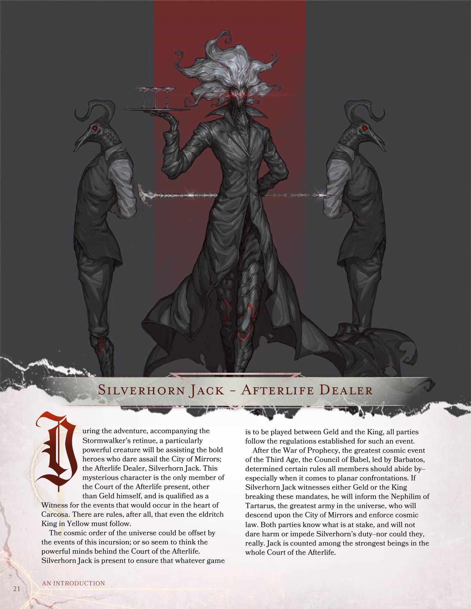 A page of The City of Mirrors, a Dungeons and Dragons Adventure, featuring Silverhorn Jack, the Afterlife Dealer