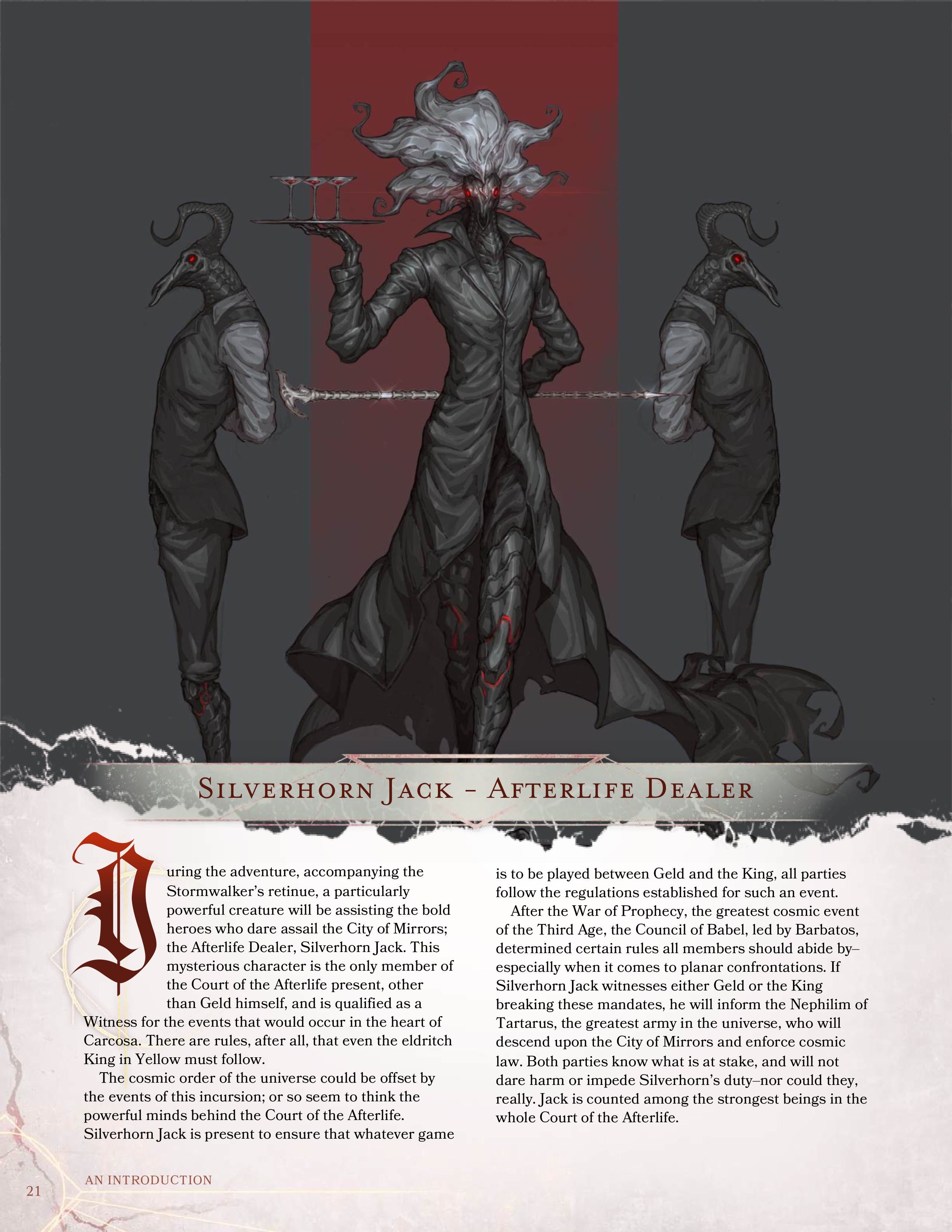 A page of The City of Mirrors, a Dungeons and Dragons Adventure, featuring Silverhorn Jack, the Afterlife Dealer