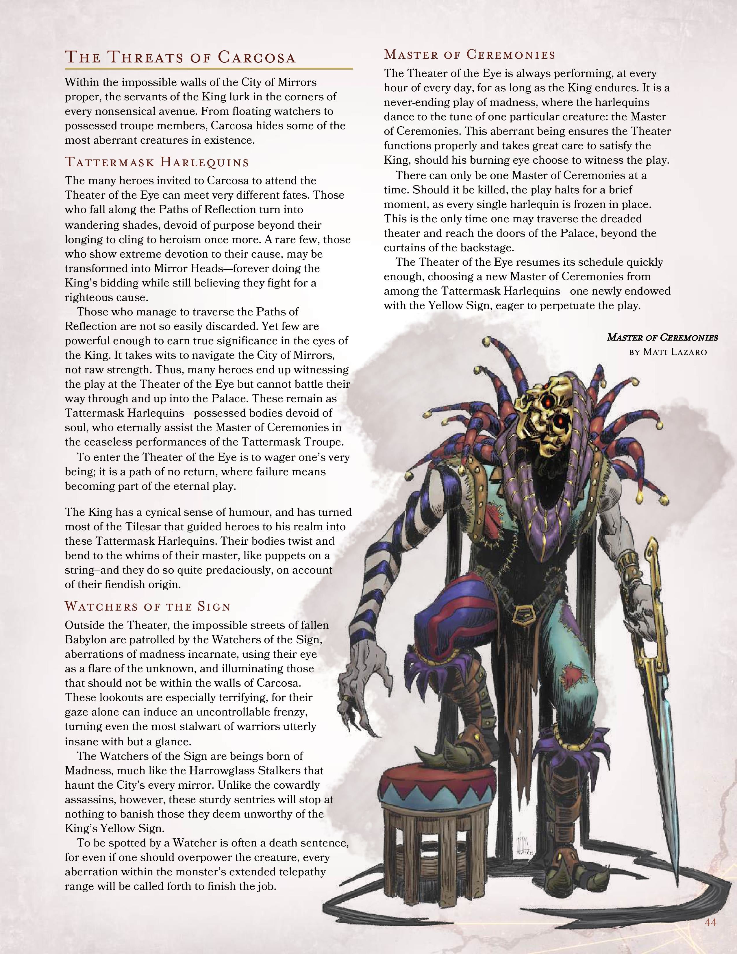 A page of The City of Mirrors, a Dungeons and Dragons Adventure, describing the Threats of Carcossa, the mad kingdom of the King in Yellow.