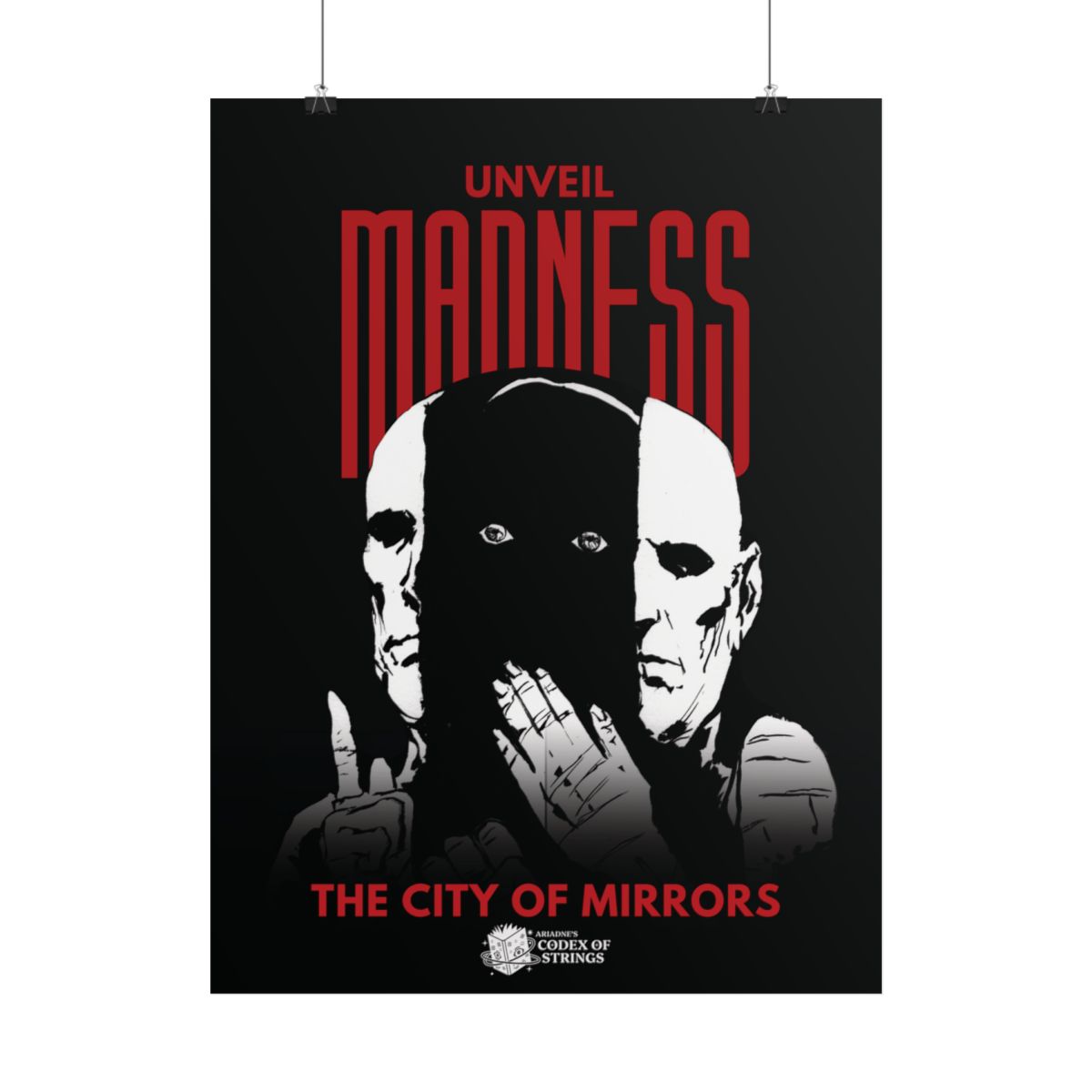 A black poster featuring stylized red and white artwork with the text &