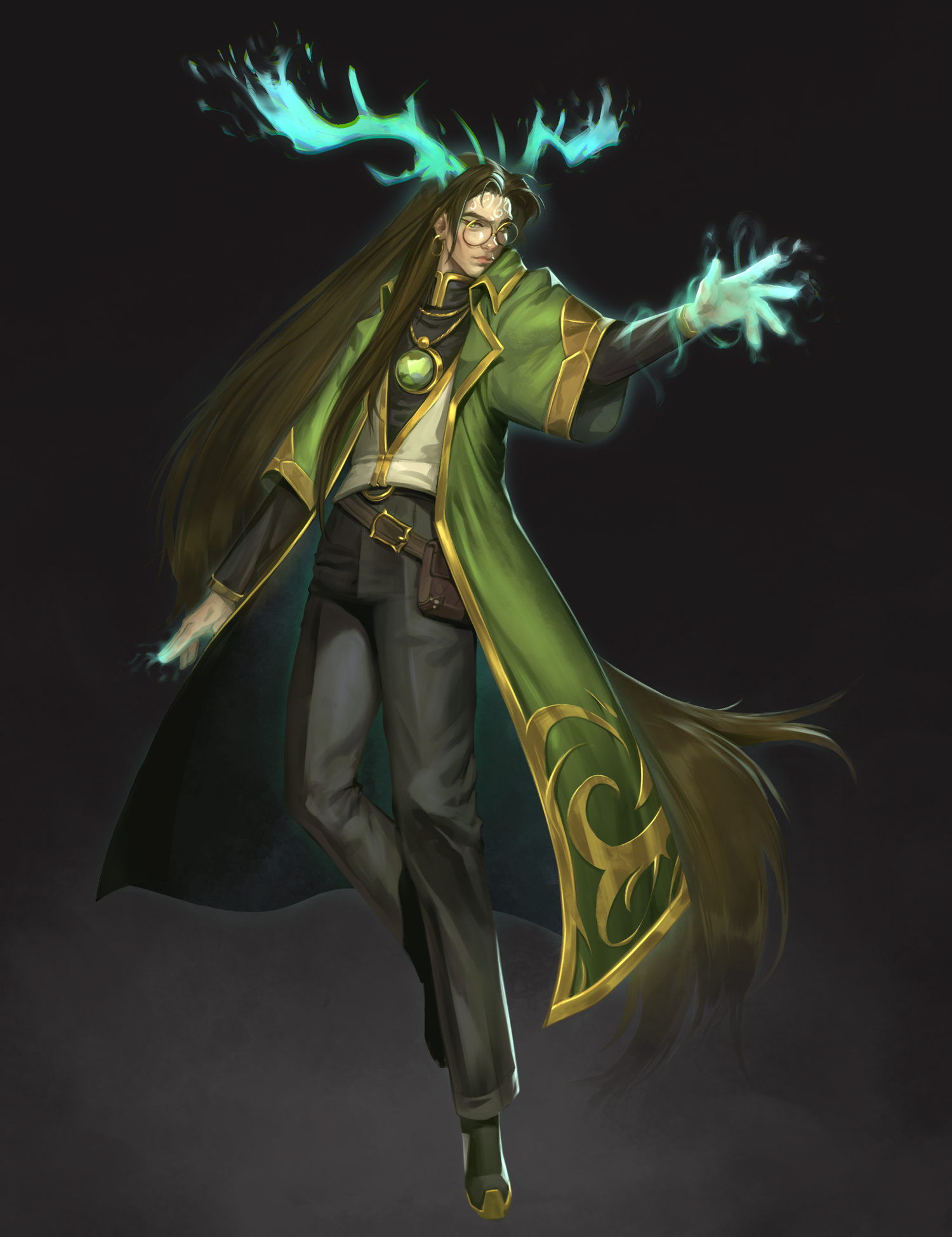 A fantasy digital illustration of Alesthesian, a druid character with long dark hair, wearing a green and gold long coat, dark trousers, and casting a bright cyan magical spell from both hands against a dark background.