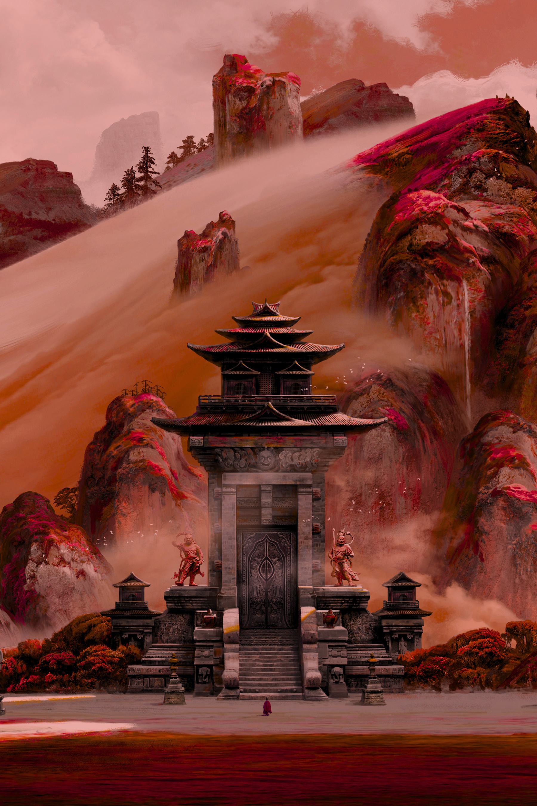 A fantasy landscape artwork showing a dark stone pagoda gate surrounded by misty mountains, reddish cliffs, and a dramatic red sky.