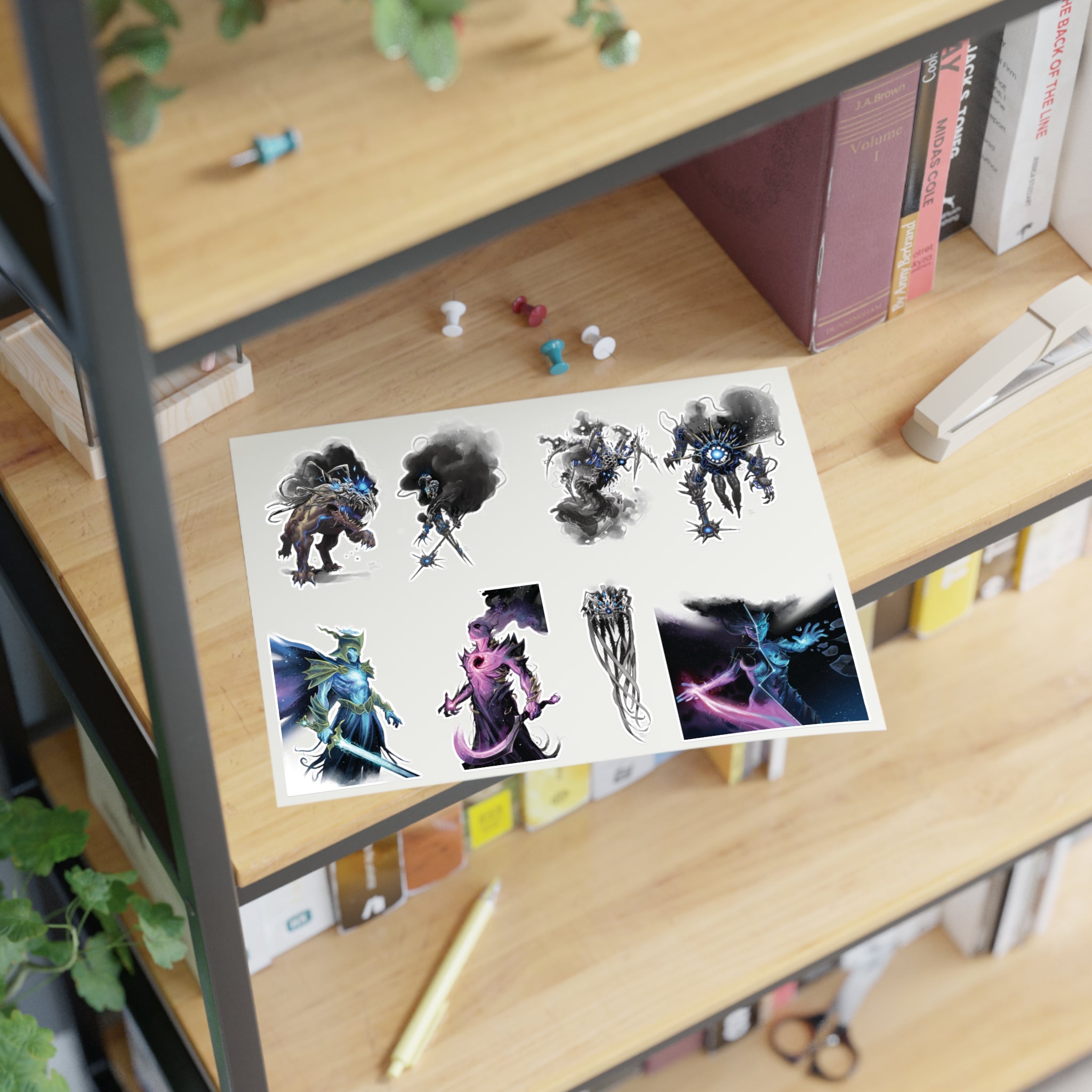 A sheet of stickers featuring various fantasy character designs, displayed on a wooden shelf next to books and office accessories.