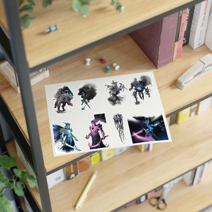 A sheet of stickers featuring various fantasy character designs, displayed on a wooden shelf next to books and office accessories.