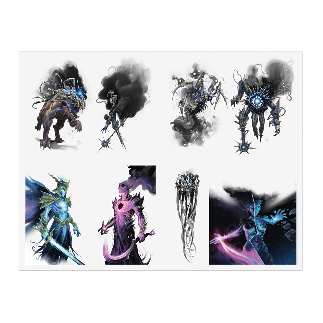 A sheet of fantasy sticker designs featuring seven different dark, mystical warrior and mage characters in black, blue, and purple ink styles on a white background.