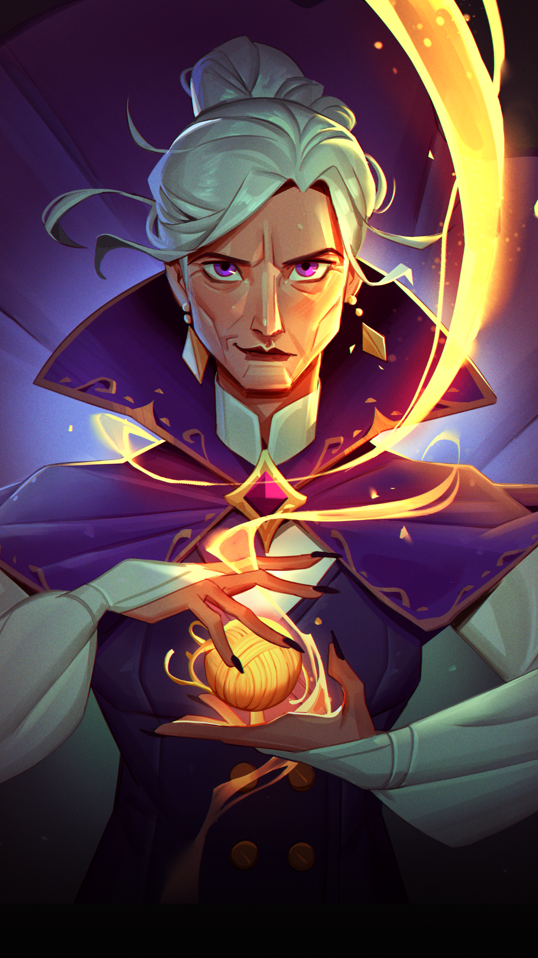 Digital illustration of Ariadne Stringweaver, wizard, with white hair in a bun, wearing a dark purple cloak over a white dress. She is holding a glowing ball of yarn, with magical golden light trails swirling around her against a dark purple background.