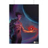 A vertical art print featuring a stylized illustration of a purple-skinned character with glowing red energy swirling around their hand, set against a dark cosmic background with a large blue planet. The print is shown hanging from two black clips against a plain white wall.