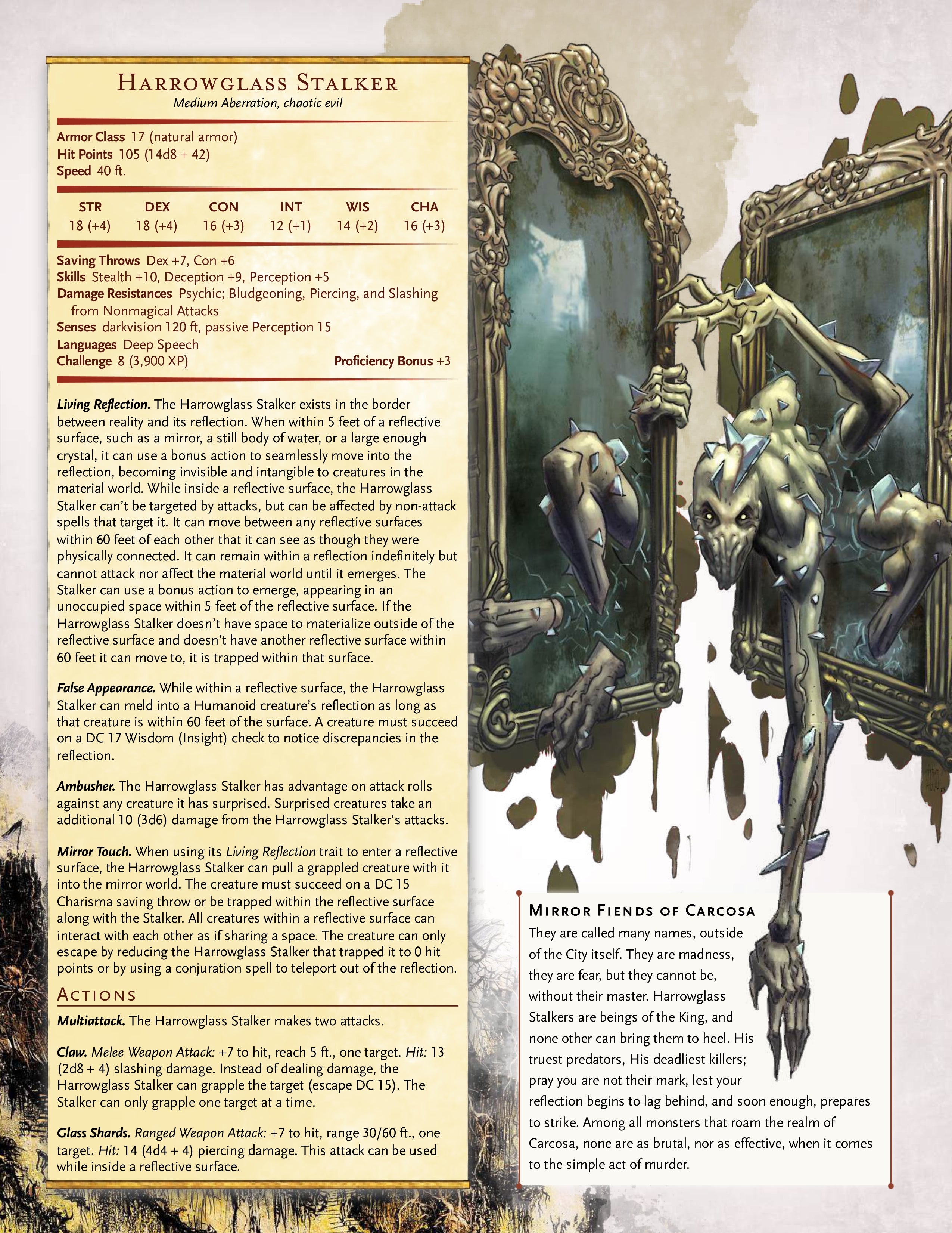 A page of The City of Mirrors, a Dungeons and Dragons Adventure, featuring a Harrowglass Stalker, a follower of The King in Yellow.