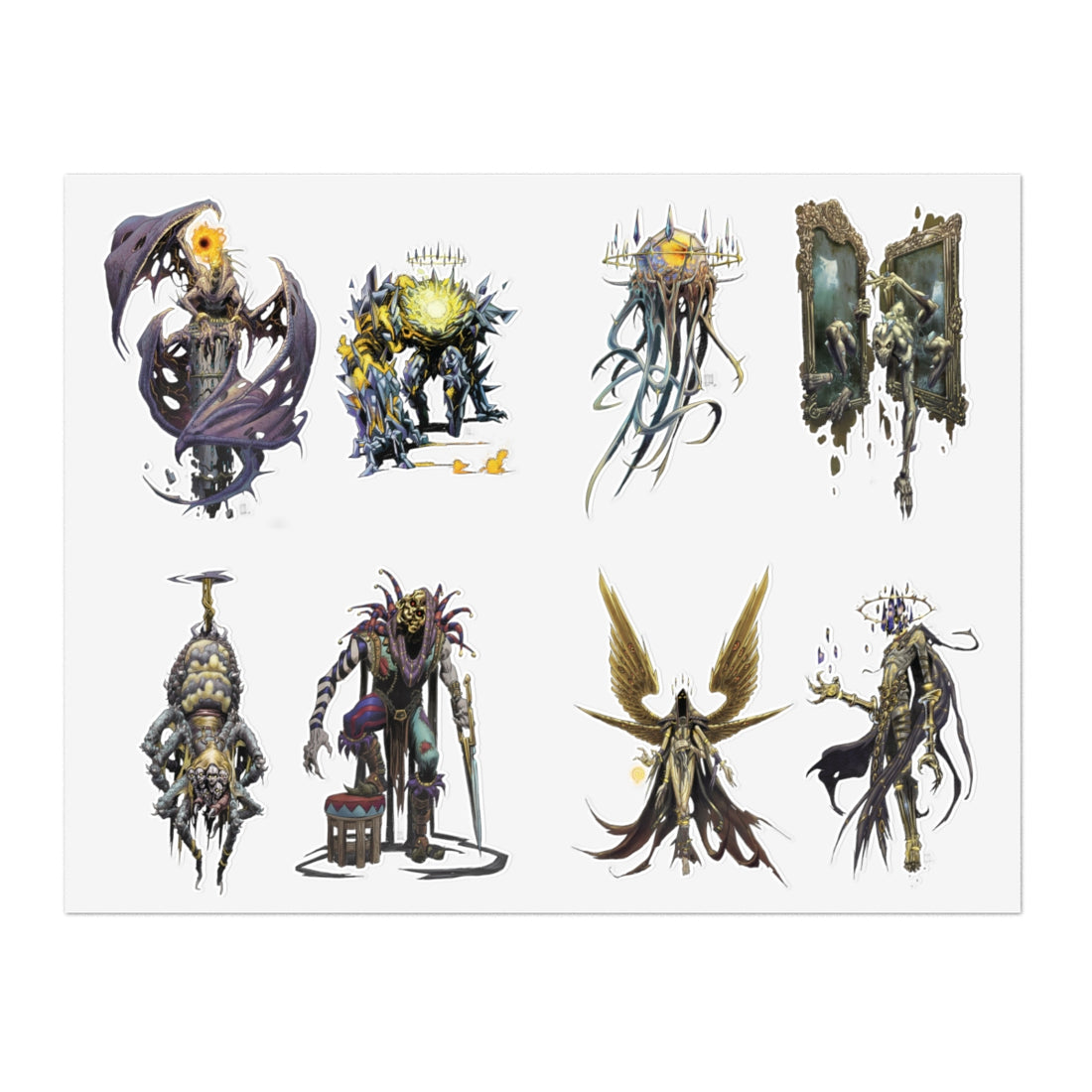 A sheet of fantasy character art prints or stickers featuring eight distinct gothic and horror-themed illustrated figures on a white background.