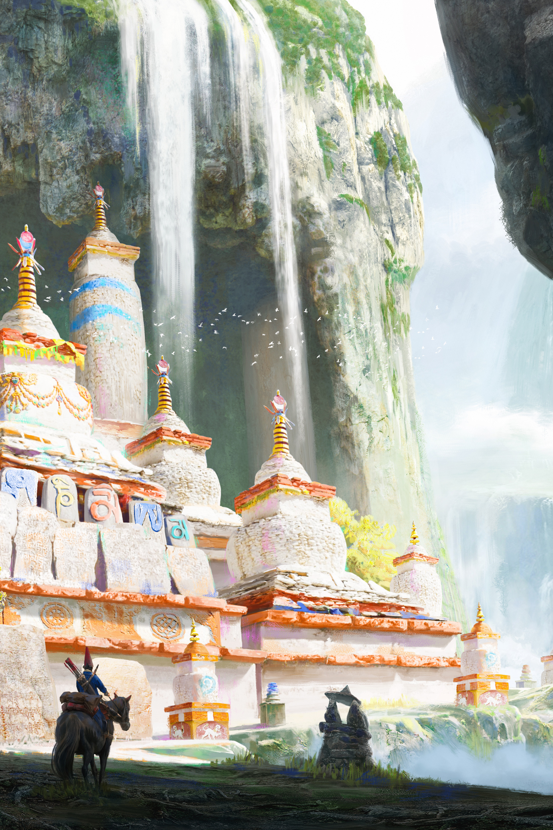 A fantasy-style scenic artwork showing a cluster of ornate white and gold stupa-like buildings at the base of a tall cliff with a waterfall, plus two small human figures in the foreground.