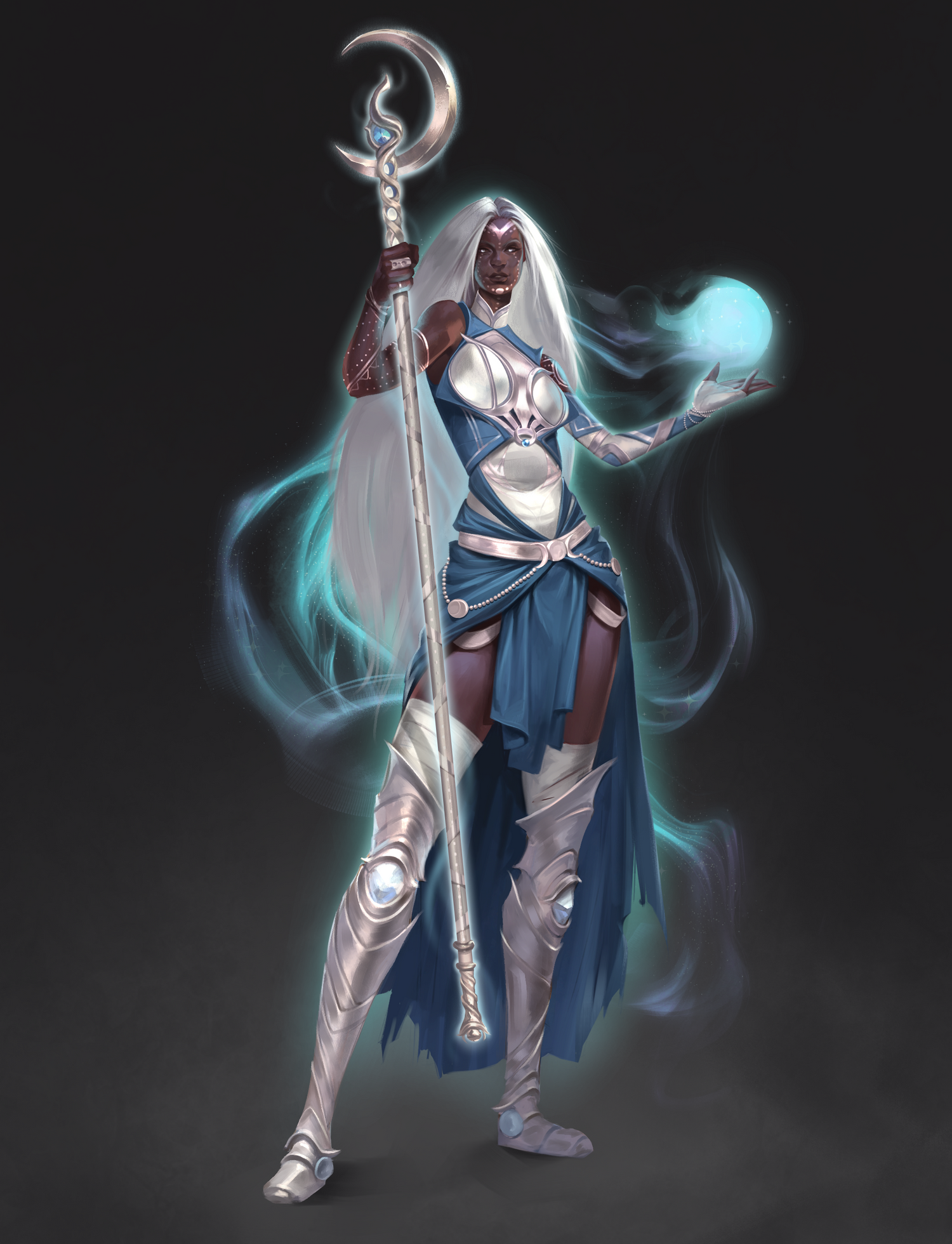 Fantasy female warrior character illustration in silver and blue armor, holding a crescent moon staff and emitting a glowing blue orb, set against a dark gray background.
