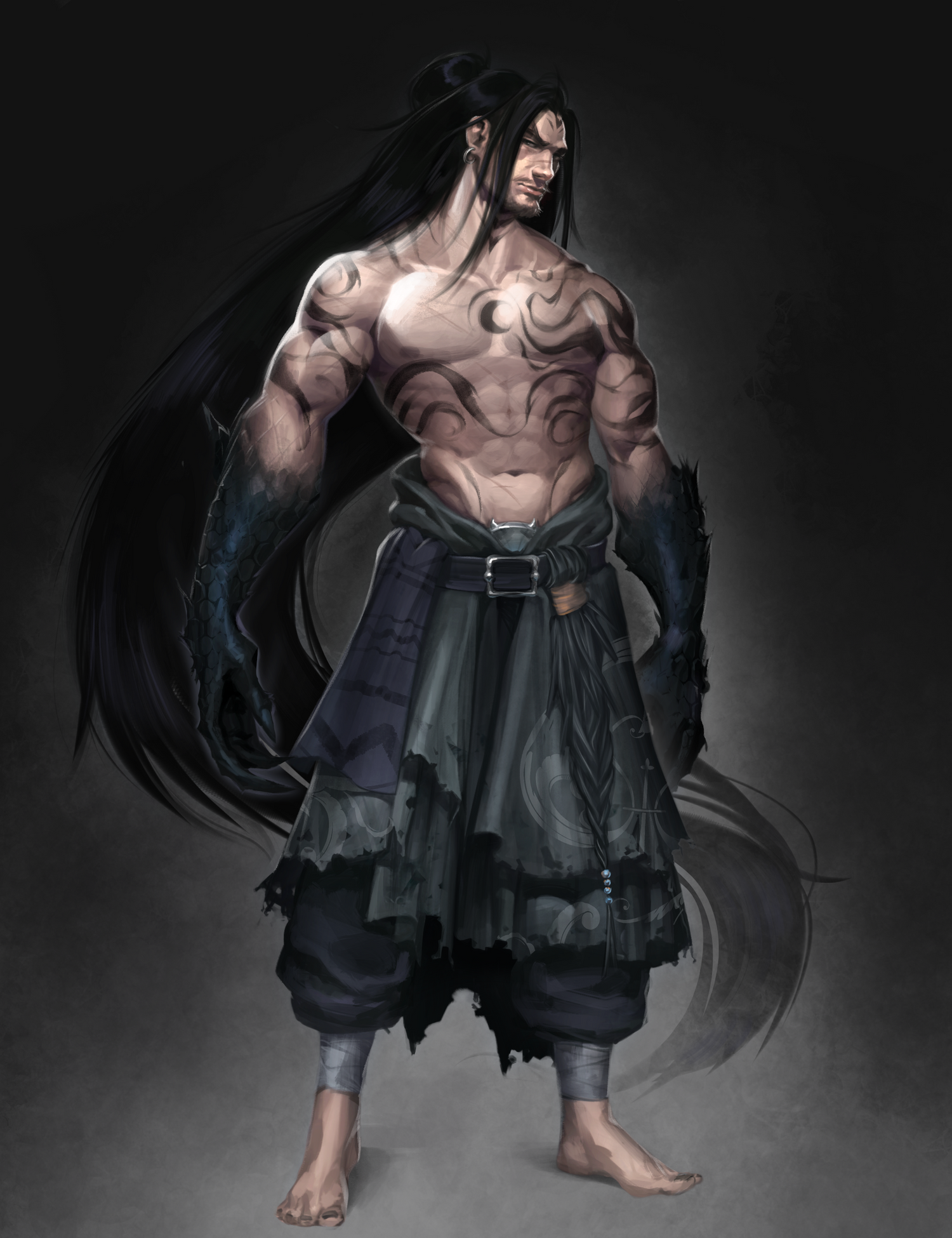 Digital illustration of a muscular male warrior with long black hair, wearing a dark gray tattered loincloth while his arms transform into those of a dragon with black scales, standing against a dark gray background.