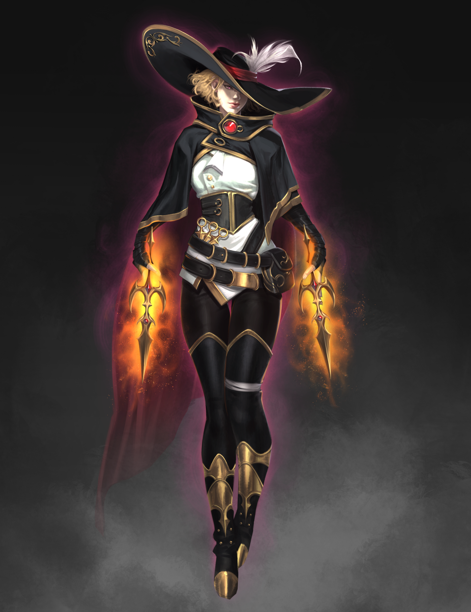 Fantasy character illustration of Kara Salem, a woman in a black and gold wide-brimmed hat and matching outfit, with glowing orange flame-like effects around her hands and a dark smoky background.