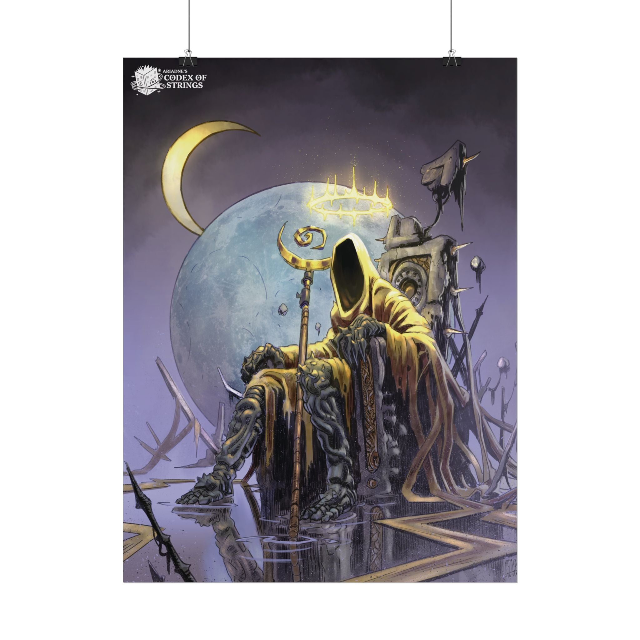A vertical art print or poster featuring a dark fantasy illustration of the King in Yellow, a hooded, robed figure seated on a throne, holding a staff, with a large moon and glowing horizon in the background. The print is shown hanging against a light gray wall with clips.