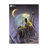 A vertical art print or poster featuring a dark fantasy illustration of the King in Yellow, a hooded, robed figure seated on a throne, holding a staff, with a large moon and glowing horizon in the background. The print is shown hanging against a light gray wall with clips.