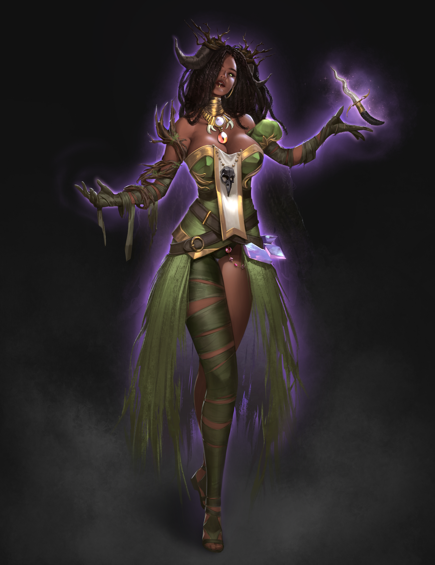 Fantasy female wizard character illustration in green and gold clothing with purple magical energy effects, shown against a dark smoky background.