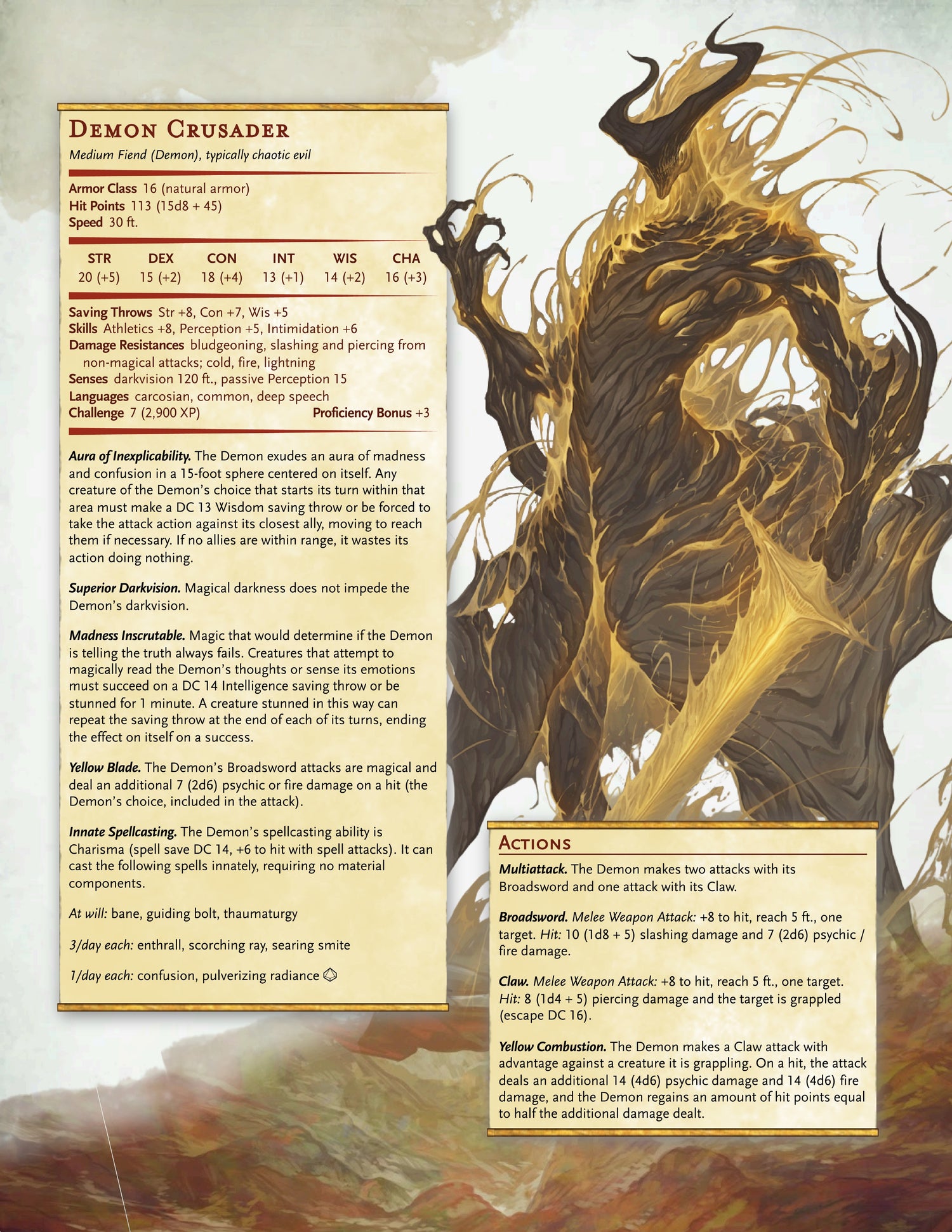 A Dungeons and Dragons Statsheet titled Demon Crusader, featuring a large illustration of a golden dragon demon on the right and text boxes on the left detailing its abilities, race, and actions.