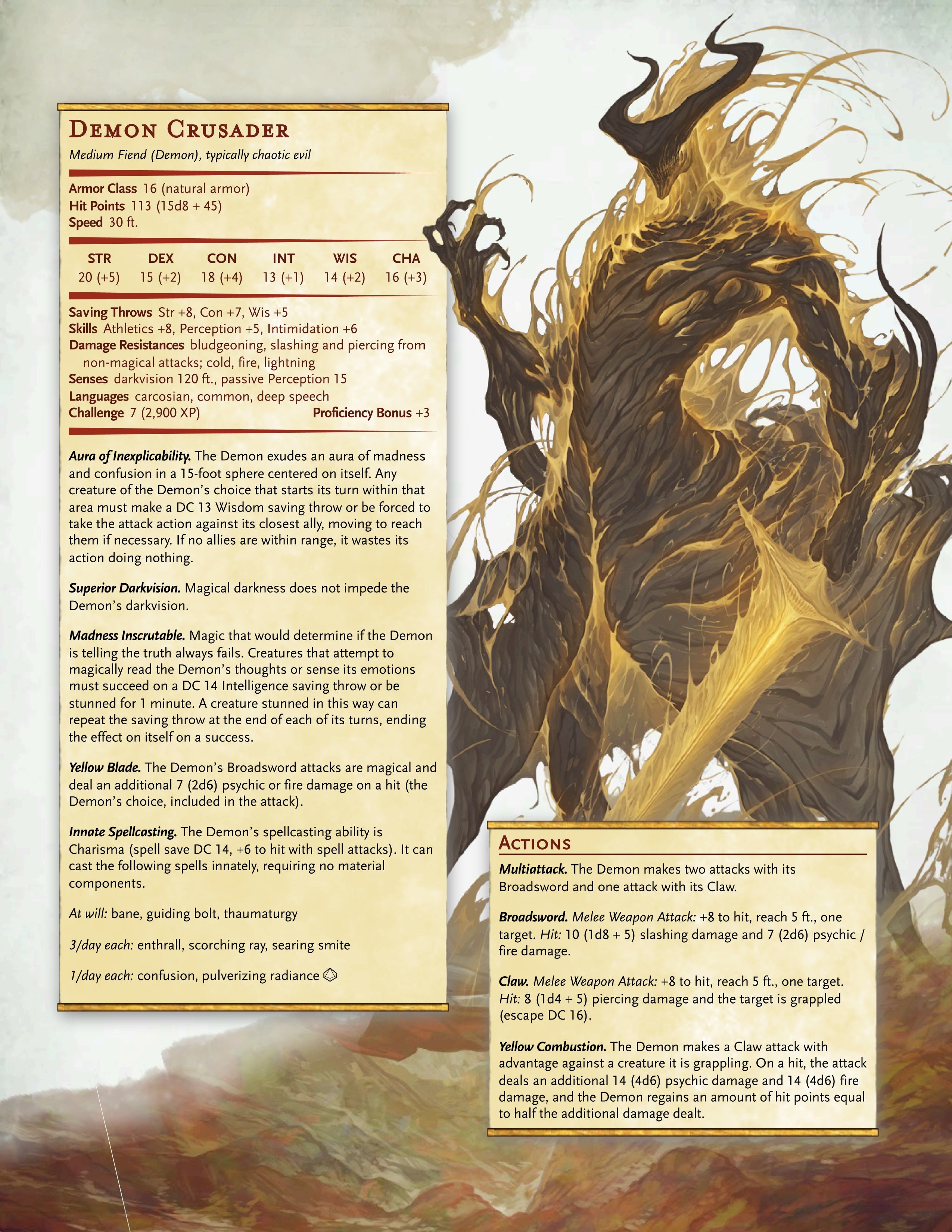 A Dungeons and Dragons Statsheet titled Demon Crusader, featuring a large illustration of a golden dragon demon on the right and text boxes on the left detailing its abilities, race, and actions.