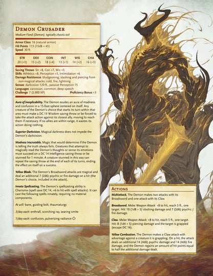 A Dungeons and Dragons Statsheet titled Demon Crusader, featuring a large illustration of a golden dragon demon on the right and text boxes on the left detailing its abilities, race, and actions.