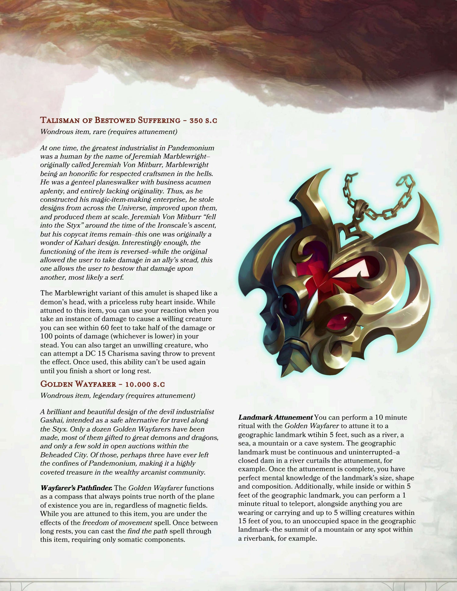 A printed informational card with text about Talisman of Bestowed Suffering and Golden Waymaker, plus a small illustration showing a red gemstone with gold decorations on a gray background.