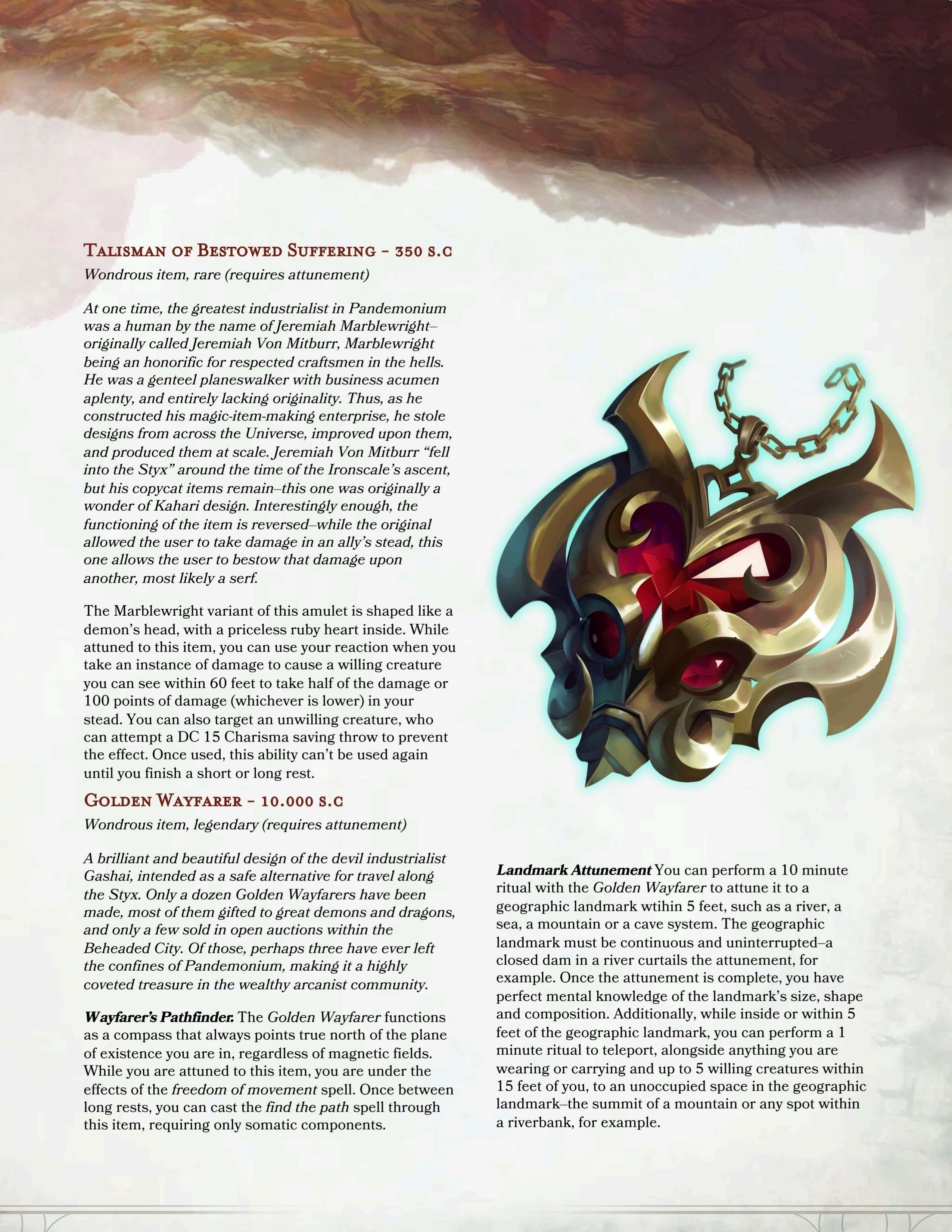 A printed informational card with text about Talisman of Bestowed Suffering and Golden Waymaker, plus a small illustration showing a red gemstone with gold decorations on a gray background.