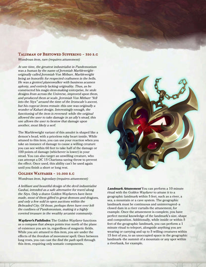 A printed informational card with text about Talisman of Bestowed Suffering and Golden Waymaker, plus a small illustration showing a red gemstone with gold decorations on a gray background.