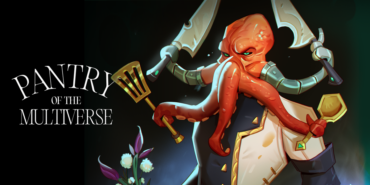 A stylized illustrated poster or cover art with the large text 'PANTRY OF THE MULTIVERSE' and Azar Khan, a fantasy character with multiple tentacles, holding kitchen-themed weapons and flowers, set against a dark glowing background.
