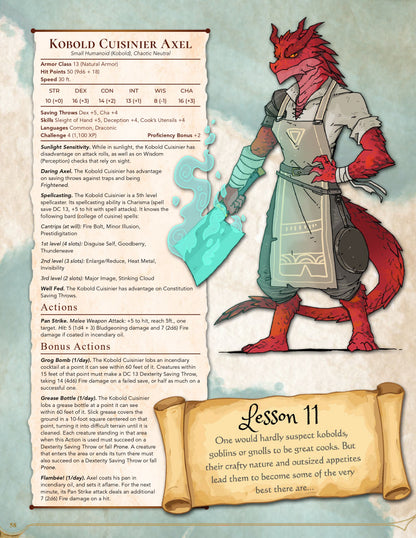 A Dungeons and Dragons stat sheet for Kobold Cuisinier Axel, showing a red-skinned kobold chef illustration alongside text blocks detailing its abilities, stats, and flavor text on a parchment-style background.