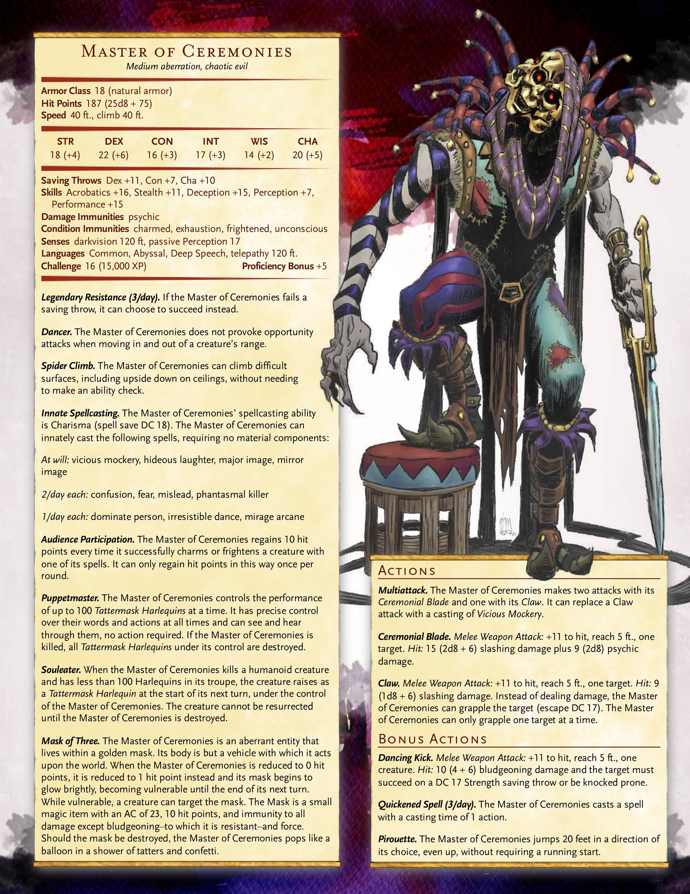 Character sheet for 'Master of Ceremonies' from The City of Mirrors, a Dungeons and Dragons Adventure, featuring the King in Yellow