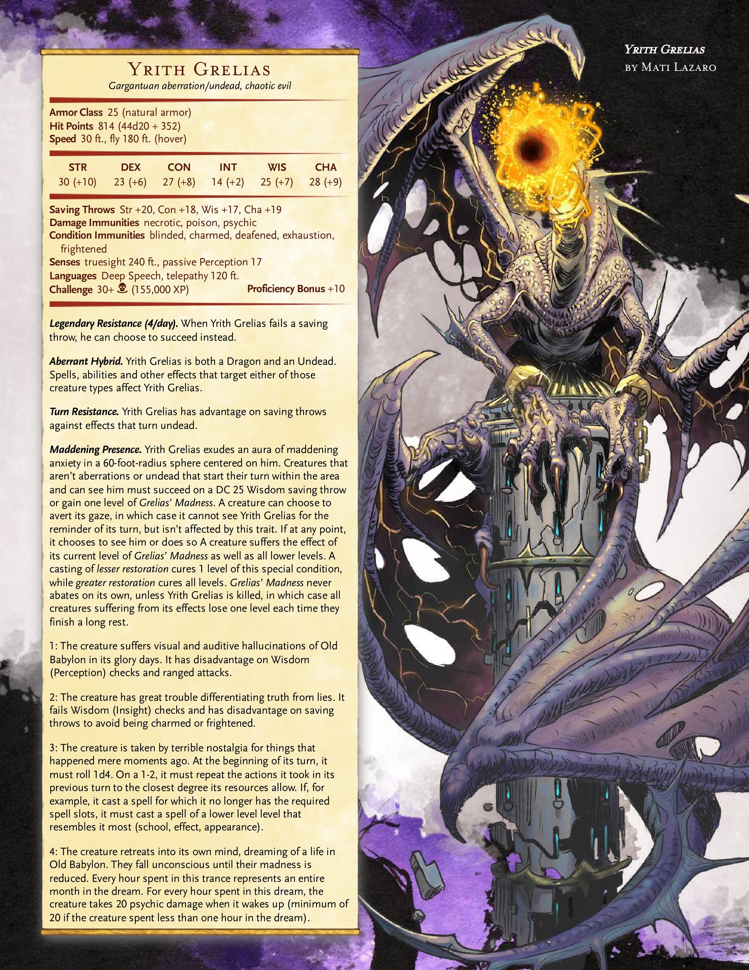 A monster page of The City of Mirrors, a Dungeons and Dragons Adventure, featuring Yrith Grelias, the corrupted dragon of The King in Yellow.